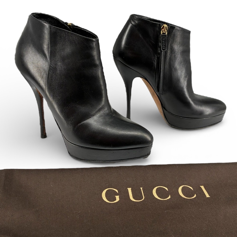 Black Nappa Platform Zip Bootie Stiletto Night Out Moto Gucci Steve EU36‎
